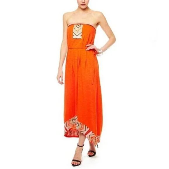 Anthropologie THML Tangerine Orange Boho Embroidered Aztec High Low Maxi Dress - Picture 1 of 9